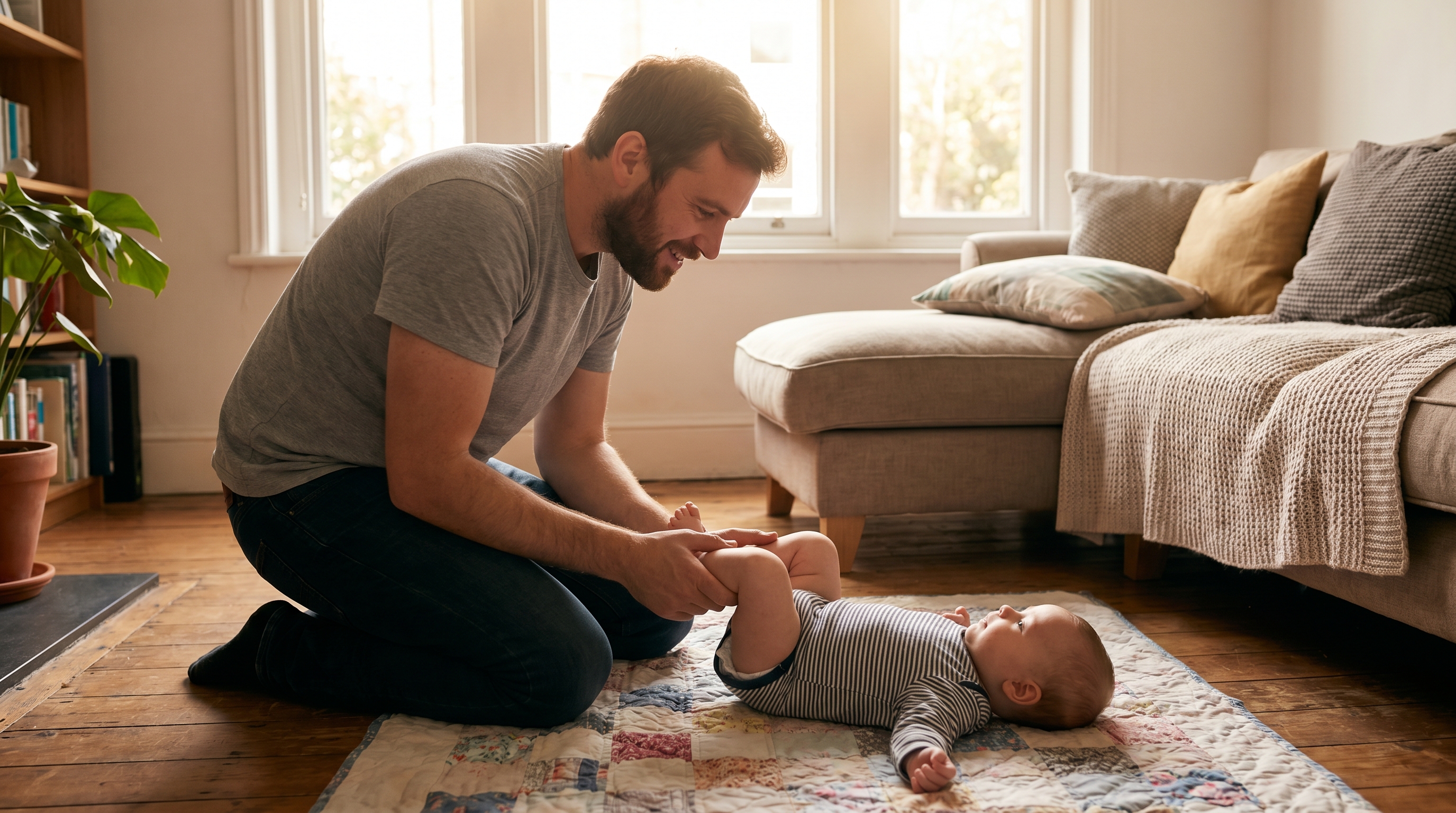 Dad gently helping a baby with gas on a soft blanket