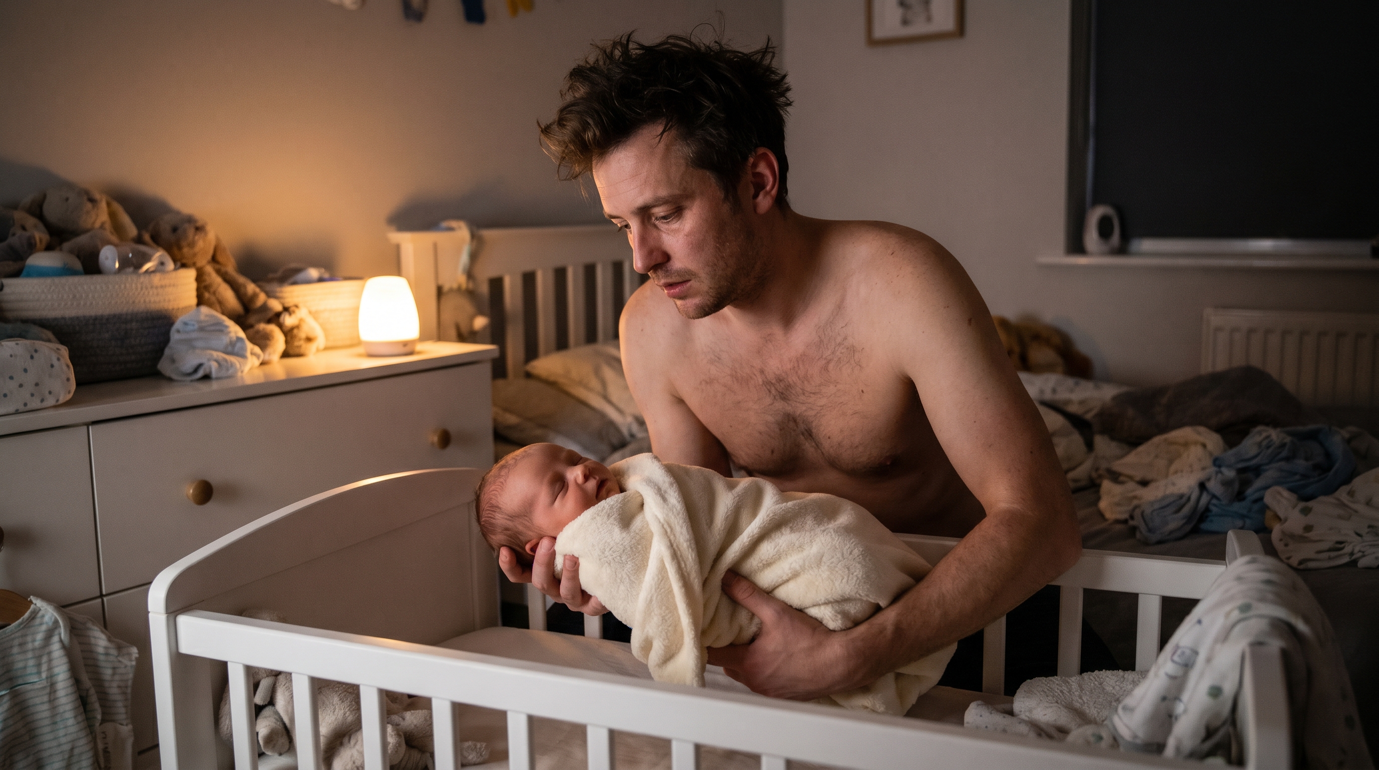 Dad carefully lowering a sleeping baby into a crib at night
