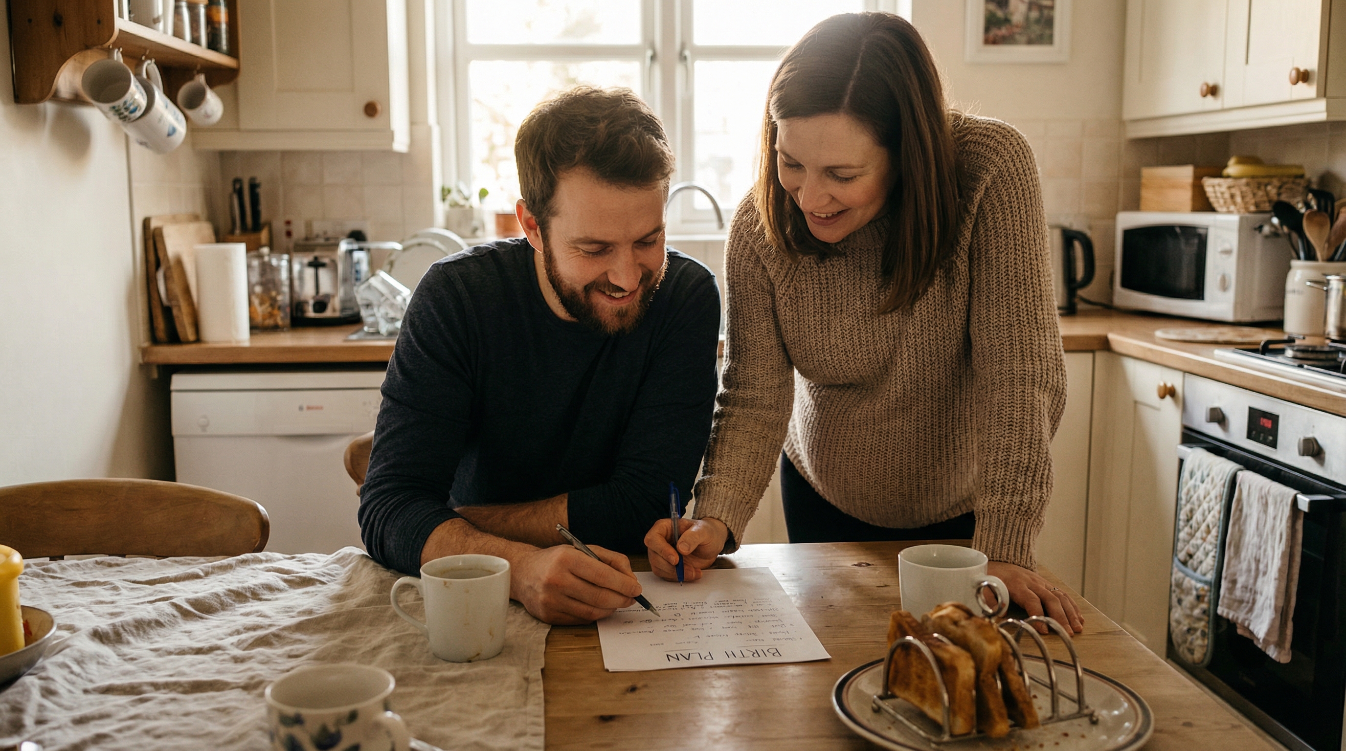 Dad reading birth plan with pregnant partner