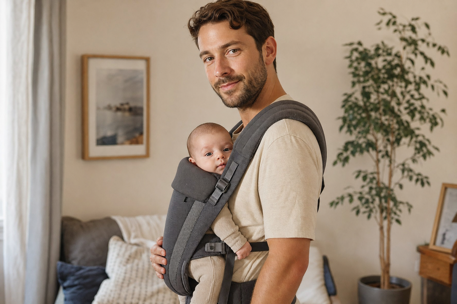 Dad safely wearing baby in a structured carrier, baby facing inward with face visible