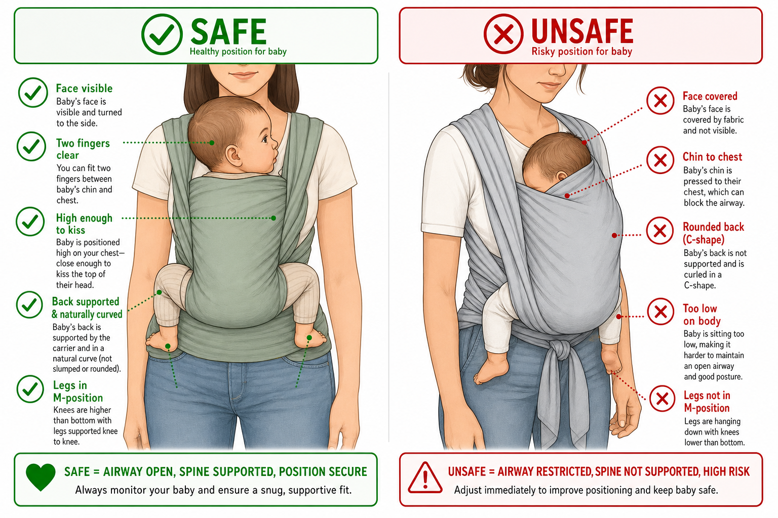 Visual guide showing safe versus unsafe babywearing positions