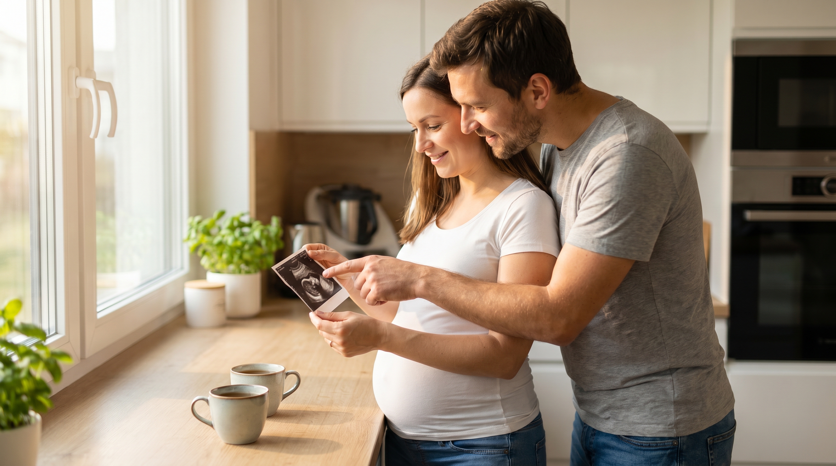 An expectant couple looking at a scan photo together in a bright kitchen