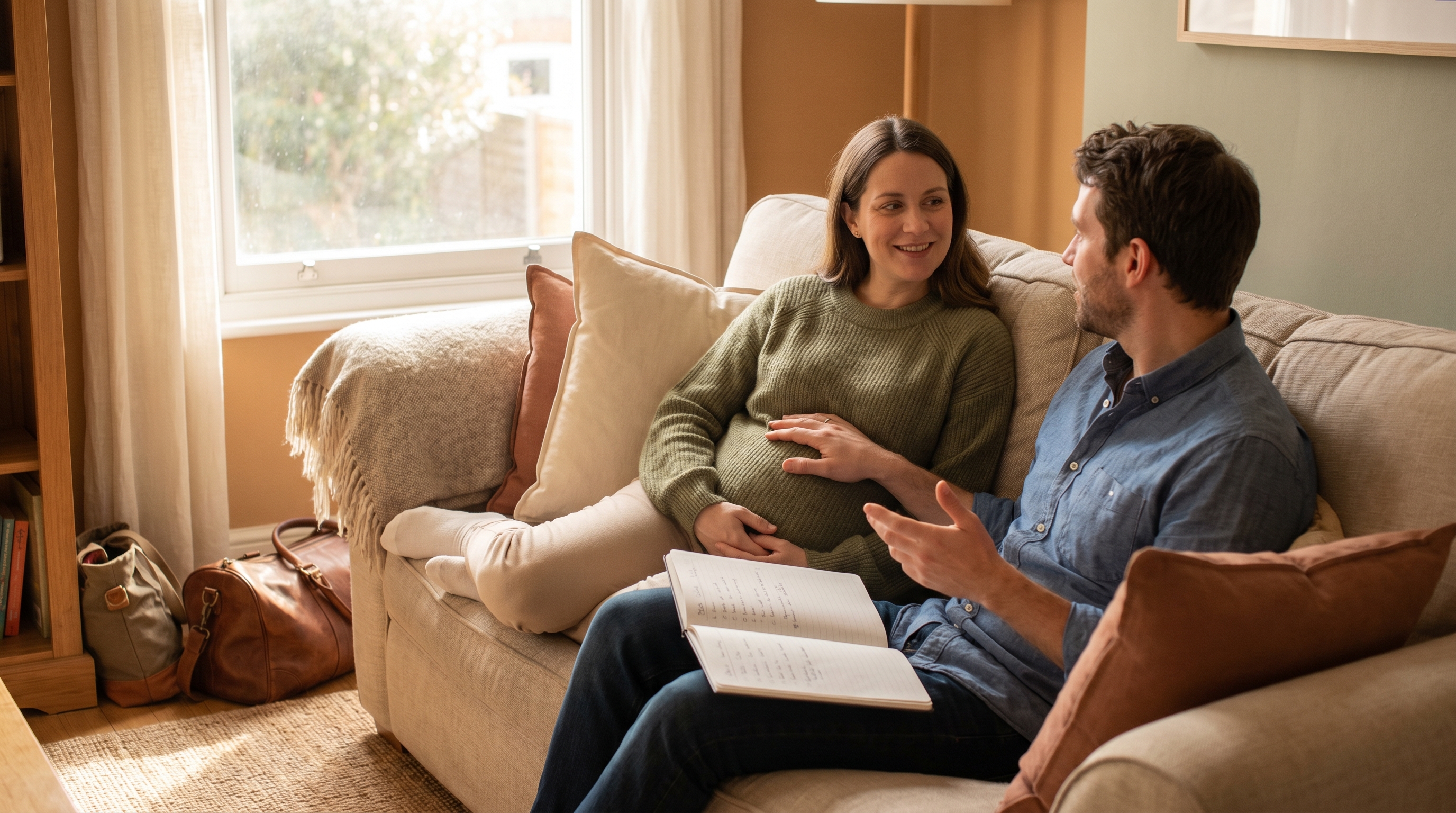 An expectant couple sitting together in a living room, discussing birth plans