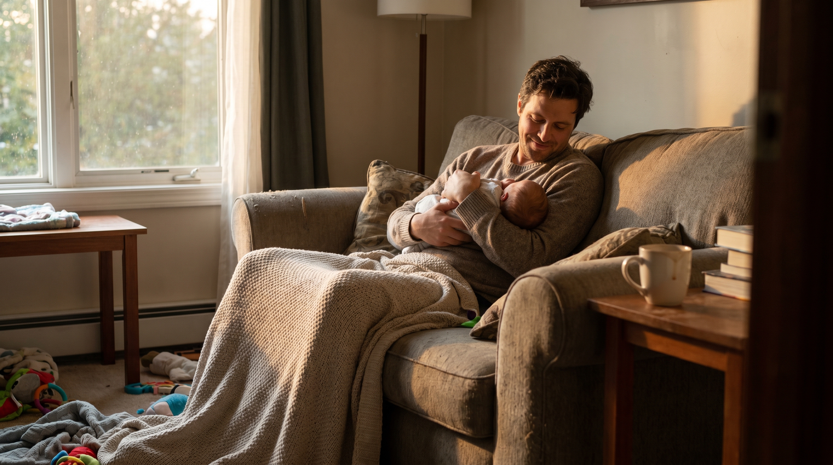 Dad soothing a fussy baby on the sofa during the evening